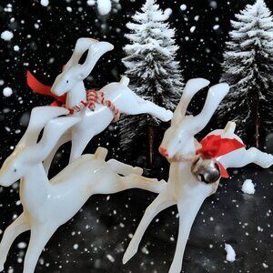 Vintage 3 Hard Plastic Rosbro White‎ Art Deco Reindeer Christmas Tree Ornaments
